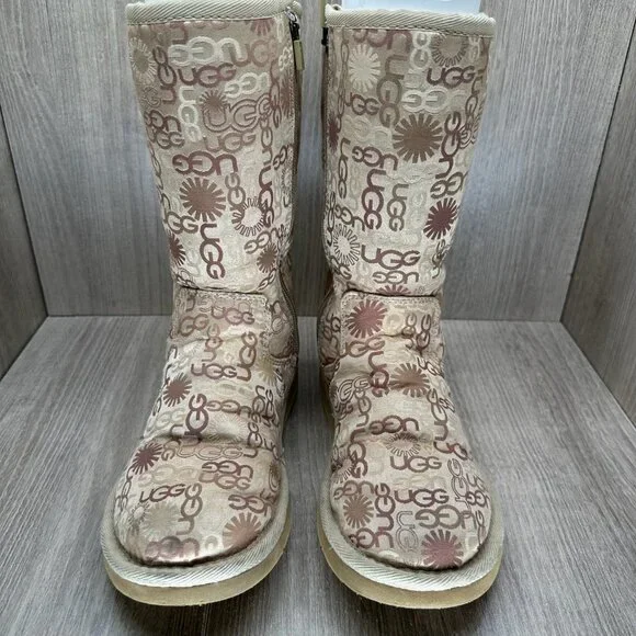 UGG 5515 Tall Winter Boots Womens 6 Lined Monogram Logo Zip Tan Beige - Picture 9 of 12